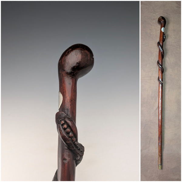 Vintage Snake Decorated Brown Shaft Knob Handle Walking Stick Cane 90cm